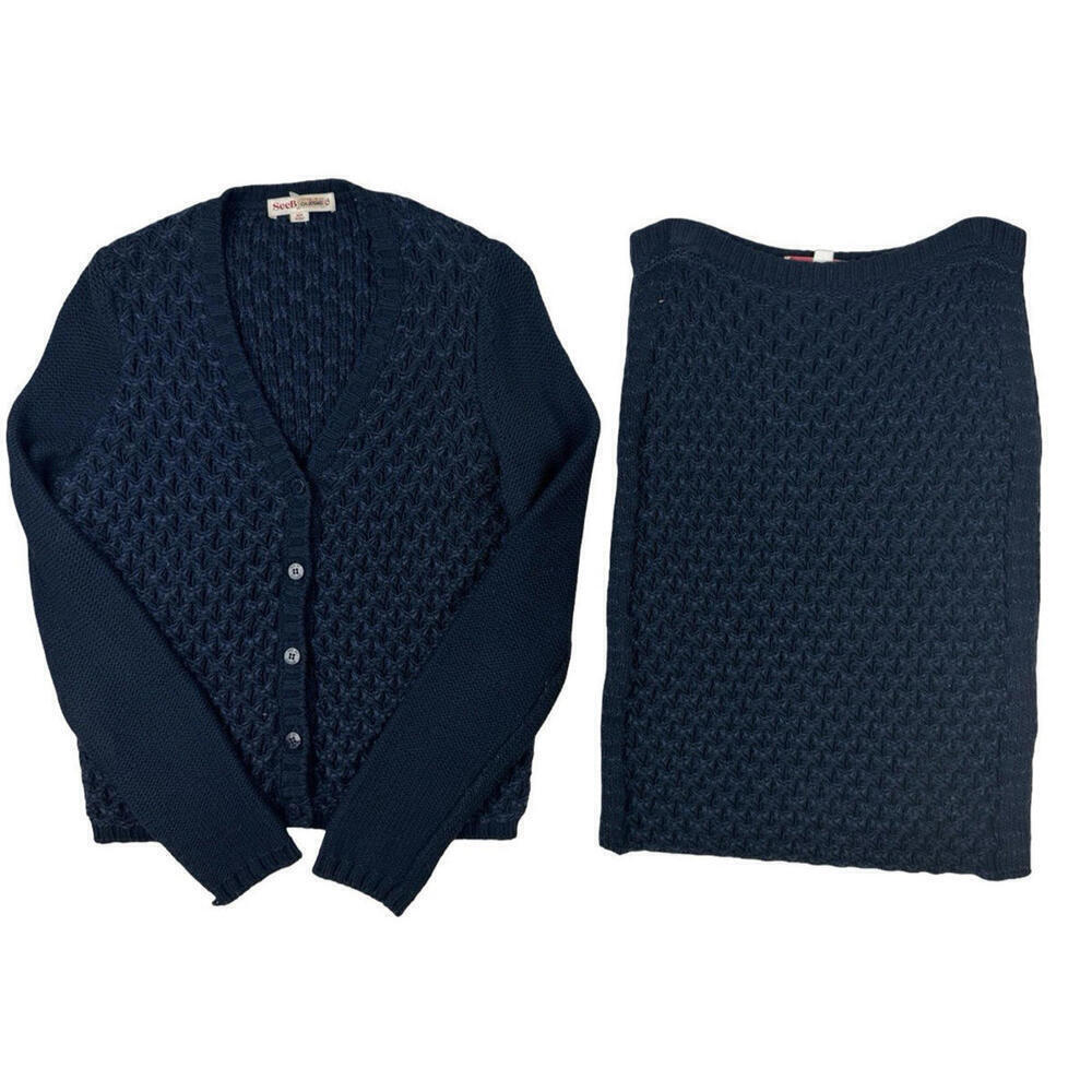 See By Chloe Knit Cardigan Sweater & Skirt Set Navy Blue Size 4 US | 31 W